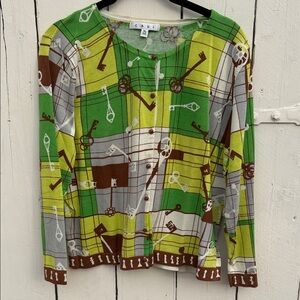 CAbi Green and Yellow Patterned Cardigan